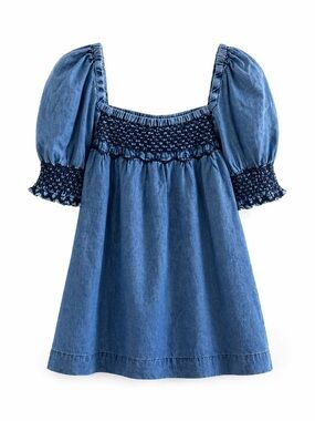 Faherty Organic Cotton Indigo Smocked Puff-Sleeve Denim Tunic